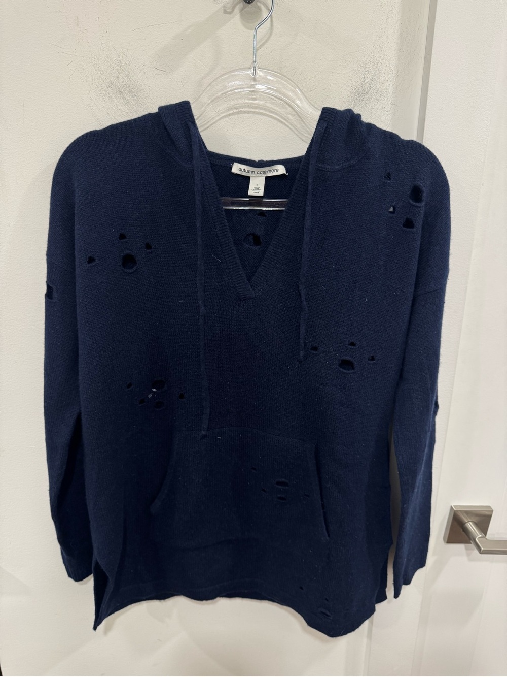 Autumn Cashmere Navy Distressed V-Neck Hooded Sweater